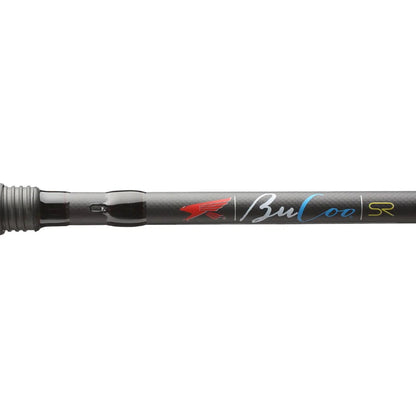 Close-up of the Falcon BuCoo SR Casting Rod "Weightless Worm" 6'7" Medium Heavy (BRC-5-167) handle, branded with "BuCoo SR" and red bird logo, featuring premium Fuji guides for smooth casting.