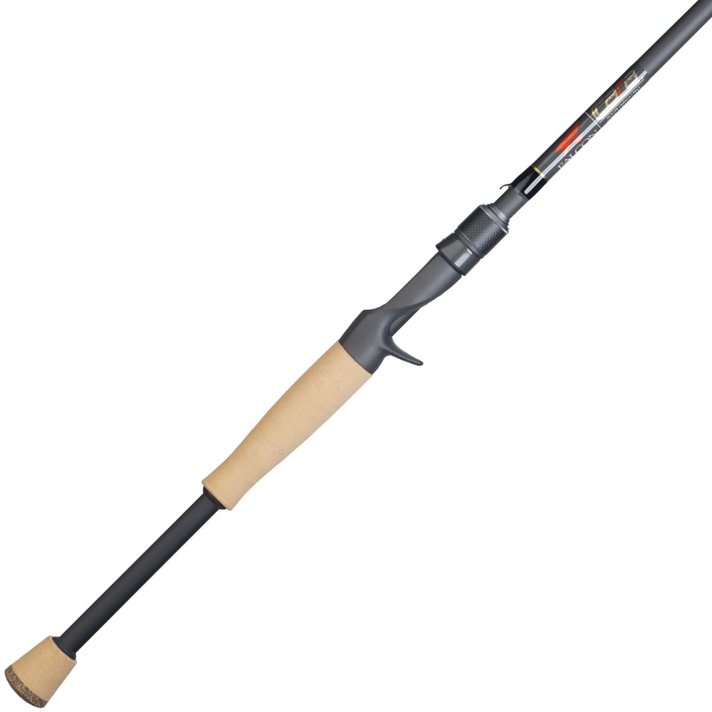 The Falcon Cara Casting Rod Swim Jig 7'2" Medium Heavy (CC-5F-172SJ) by Falcon features a beige cork handle, Fuji components at the black reel seat, and a slender carbon fiber rod blank extending upward on a white background.