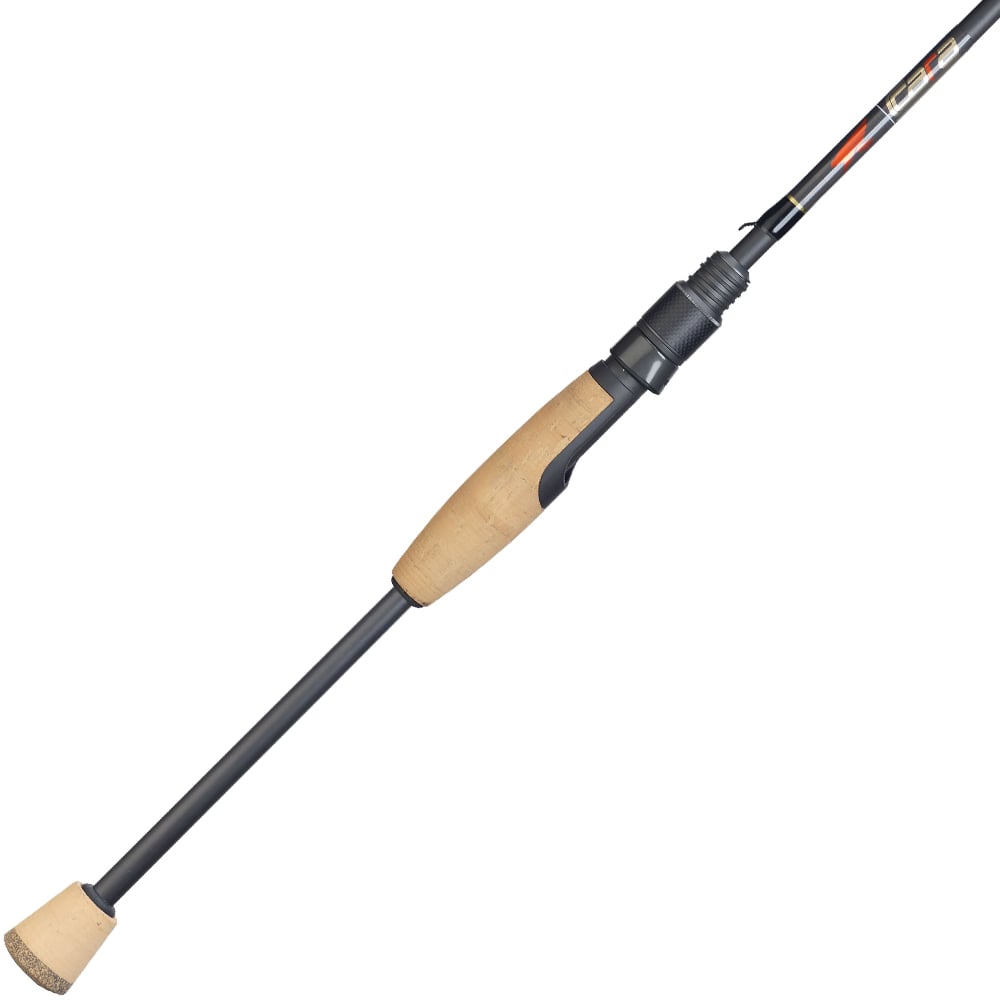 A close-up of the Falcon Cara Spinning Rod Medium Spin 7'0" (CS-4-17) by Falcon, showcasing its cork handle, black reel seat, and premium Fuji components against a white background.