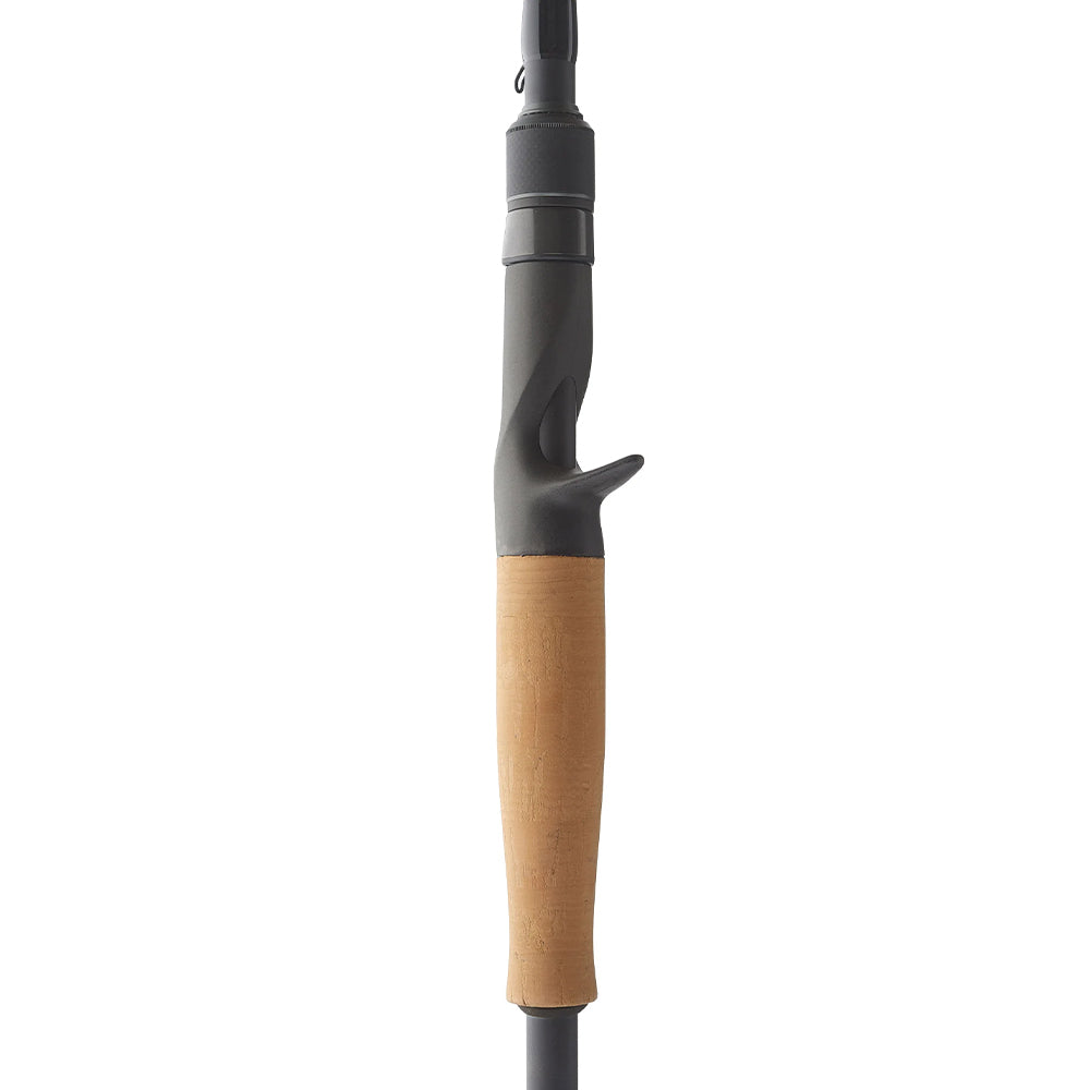 A close-up of the Falcon Cara Casting Rod Swim Jig 7'2" Medium Heavy (CC-5F-172SJ) handle by Falcon, showing its cork grip, carbon fiber build, and black trigger reel seat designed for casting.