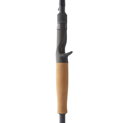 A close-up of the Falcon Cara Casting Rod Swim Jig 7'2" Medium Heavy (CC-5F-172SJ) handle by Falcon, showing its cork grip, carbon fiber build, and black trigger reel seat designed for casting.