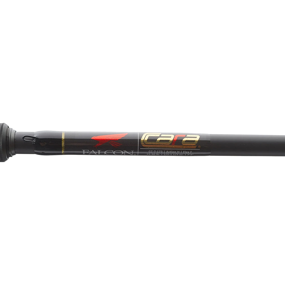 Close-up of a Falcon Cara Casting Rod Swim Jig 7'2" Medium Heavy (CC-5F-172SJ) in black carbon fiber, showcasing the red falcon logo, product specs, and premium Fuji components for top performance.