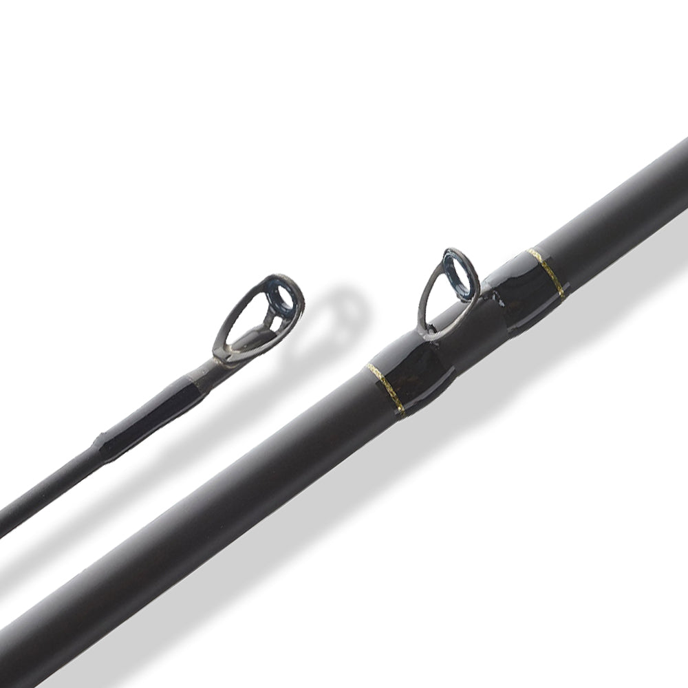 Close-up view of two sections of the Falcon Cara Casting Rod Swim Jig 7'2" Medium Heavy (CC-5F-172SJ) by Falcon, highlighting Fuji line guides with metal rings. The background is plain white.