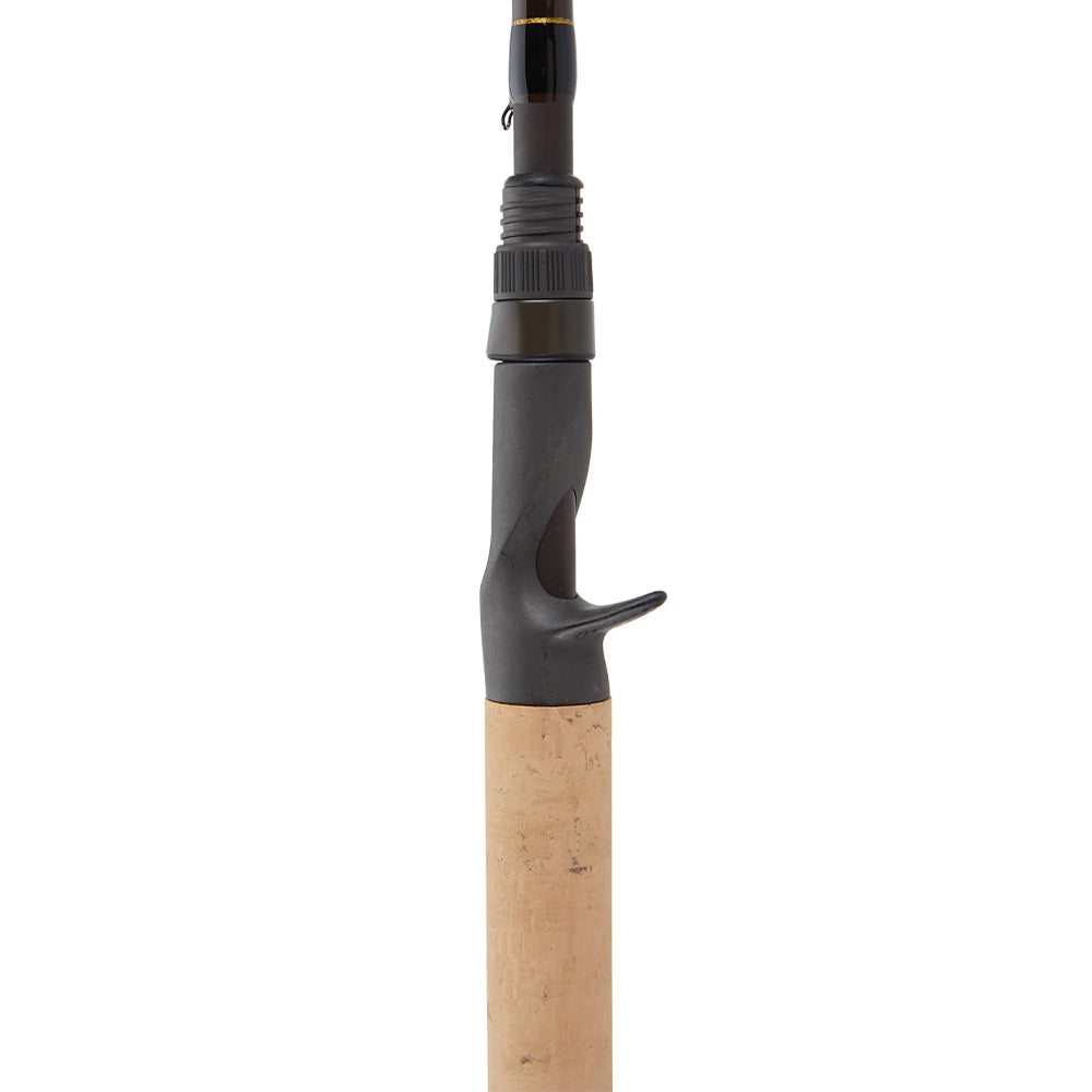Close-up of the Falcon LowRider "Composite Cranker" 7'0" Medium Casting Rod (CLC-7M) handle with a cork grip, Fuji guides, black plastic reel seat, and trigger grip for better control.