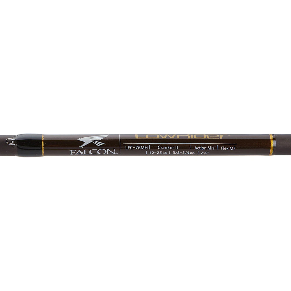 A close-up of the Falcon LowRider "Composite Cranker" 7'0" Medium Casting Rod (CLC-7M) highlights the model details, visible Falcon logo, and premium Fuji guides on this sleek casting rod.