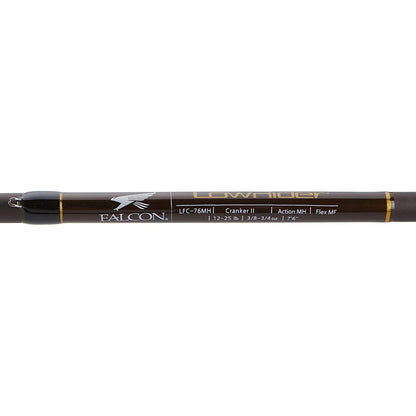 A close-up of the Falcon LowRider "Composite Cranker" 7'0" Medium Casting Rod (CLC-7M) highlights the model details, visible Falcon logo, and premium Fuji guides on this sleek casting rod.
