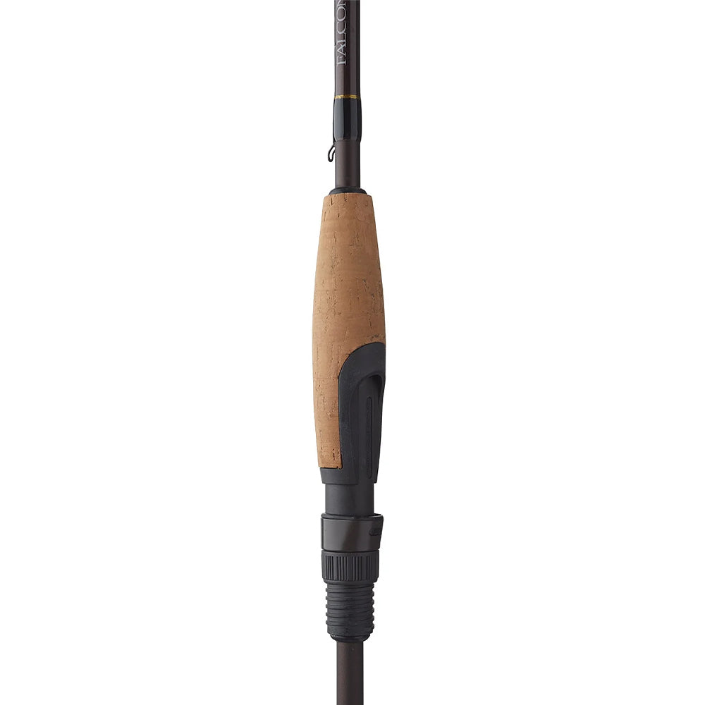 Close-up of the Falcon LowRider Spinning Rod "Shaky Head" 6'10" Medium (LFS-610M) handle, showing its cork grip and black reel seat with a glimpse of the low-profile shaft—ideal for Shaky Head techniques. Brand: Falcon.