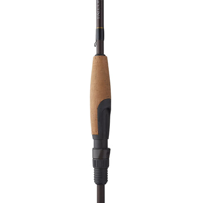 Close-up of the Falcon LowRider Spinning Rod "Shaky Head" 6'10" Medium (LFS-610M) handle, showing its cork grip and black reel seat with a glimpse of the low-profile shaft—ideal for Shaky Head techniques. Brand: Falcon.
