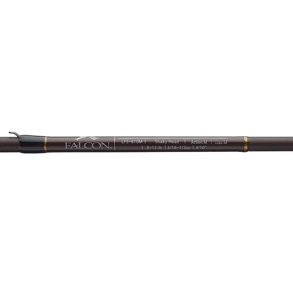 A close-up of the Falcon LowRider Spinning Rod "Shaky Head" 6'10" Medium (model LFS-610M) highlights its details: medium action, 8-17 lb line, and 3/16–1/2 oz lure capacity.