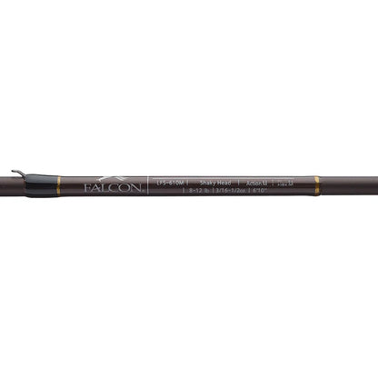 A close-up of the Falcon LowRider Spinning Rod "Shaky Head" 6'10" Medium (model LFS-610M) highlights its details: medium action, 8-17 lb line, and 3/16–1/2 oz lure capacity.