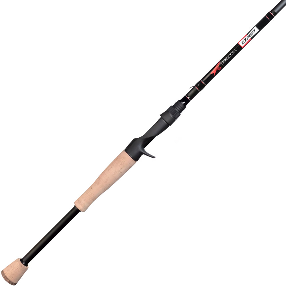 The Falcon Expert "Bayou" 6'11" Heavy Casting Rod (EC-7-1611) features a black design with a cork handle, trigger grip, and red and white Falcon branding near the reel seat.