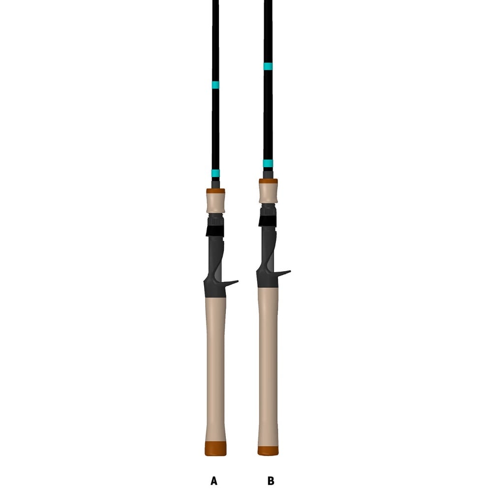 Two G. Loomis GCX Inshore Casting Rods 843C F 7'0" Medium Heavy feature beige handles, black shafts, turquoise accents, and a darker handle near the reel seat on one rod—perfect for saltwater fishing. Inspired by G. Loomis design.