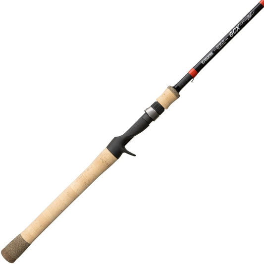 A G. Loomis GCX Jig & Worm Casting Rod 853C JWR 7'1" Medium Heavy is shown diagonally on a white background, featuring a cork handle, black reel seat, and black and red accents.