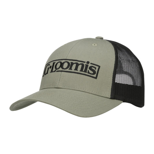 The G. Loomis Low Pro Cap by G. Loomis is a khaki and black trucker hat with a mesh back, adjustable snapback, and bold "G. Loomis" logo on the front.