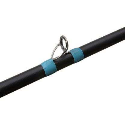 Close-up of a G. Loomis NRX+ Jig & Worm Casting Rod 893C JWR, featuring Spiral X technology. Its sleek black design is accented by a silver guide ring secured with blue wraps, set against a white backdrop—ideal for Jig & Worm Casting enthusiasts.