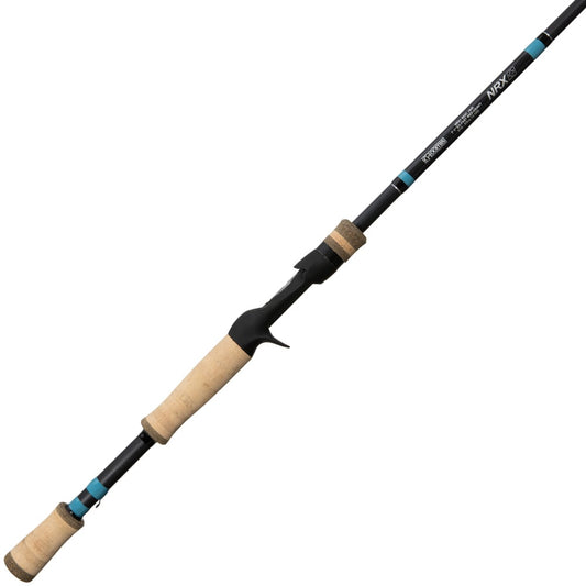 The G. Loomis NRX+ Carolina Rig Casting Rod 873C CRR 7'3" Medium Heavy by americanlegacyfishing features a cork grip with blue accents on a white background. Its trigger grip handle, specifically designed for angling, incorporates Spiral X technology, making it perfect for use as a Carolina Rig casting rod.