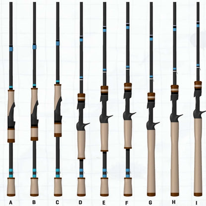 An illustration shows nine fishing rods, labeled A to I, featuring black bodies, cork handles, and blue accents. They incorporate Spiral X technology similar to the G. Loomis NRX+ Jig & Worm Casting Rod. The handle designs and reel seat positions vary against a light gray background with faint grid lines.