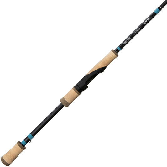 The G. Loomis NRX+ Ned Rig Spinning Rod 821S NRR 6'10" Medium Light is perfect for bass anglers with its cork handles, black body, blue accents, and Spiral X technology for enhanced performance.