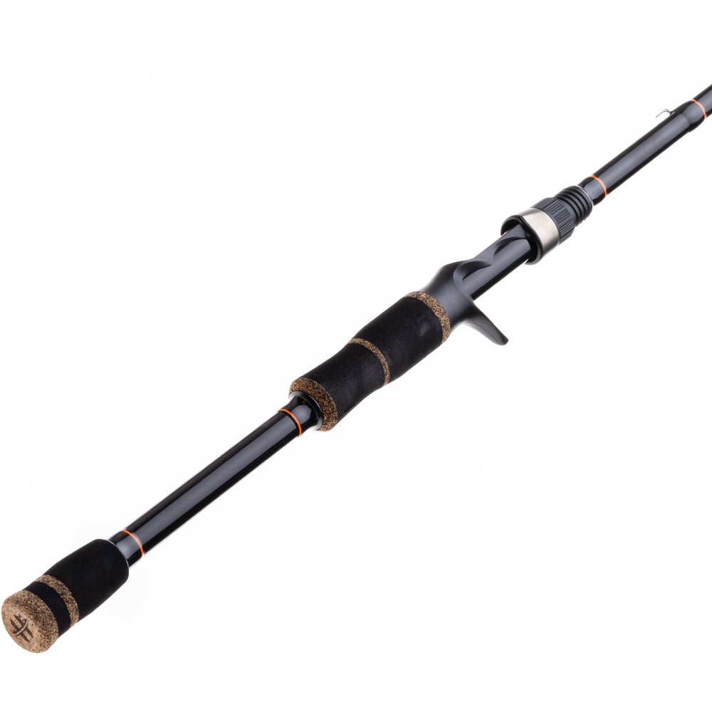 The Halo XD III Pro Casting Rod 7'3" Heavy (HFXDIII73HC) features cork grip accents and a trigger reel seat; its sleek black design is perfect for tournament fishing, showcased here against a plain white background.