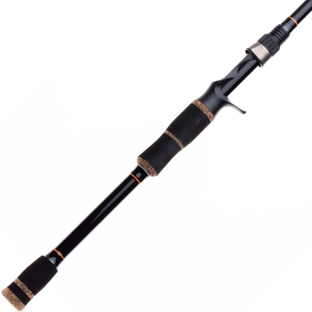 A close-up of the Halo XD III Pro Casting Rod 7'3" Heavy by Halo, featuring a comfortable foam grip, reel seat, and orange accent rings against a white background. Ideal for anglers seeking a top-quality tournament rod.