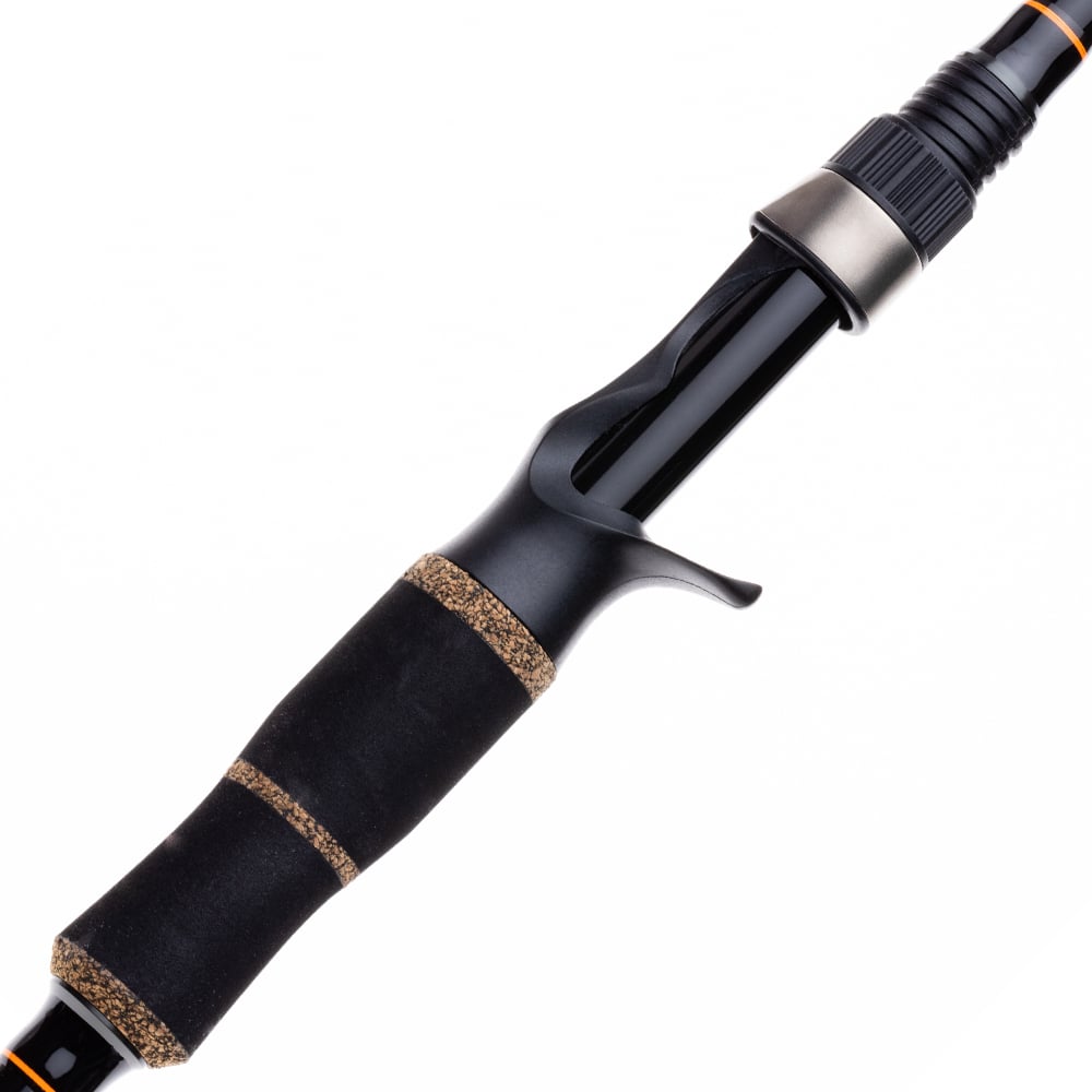 Close-up of the Halo XD III Pro Casting Rod 7'3" Heavy (HFXDIII73HC) handle with cork accents and a metal reel seat by Halo, shown on a white background—ideal for serious anglers seeking a tournament-ready rod.