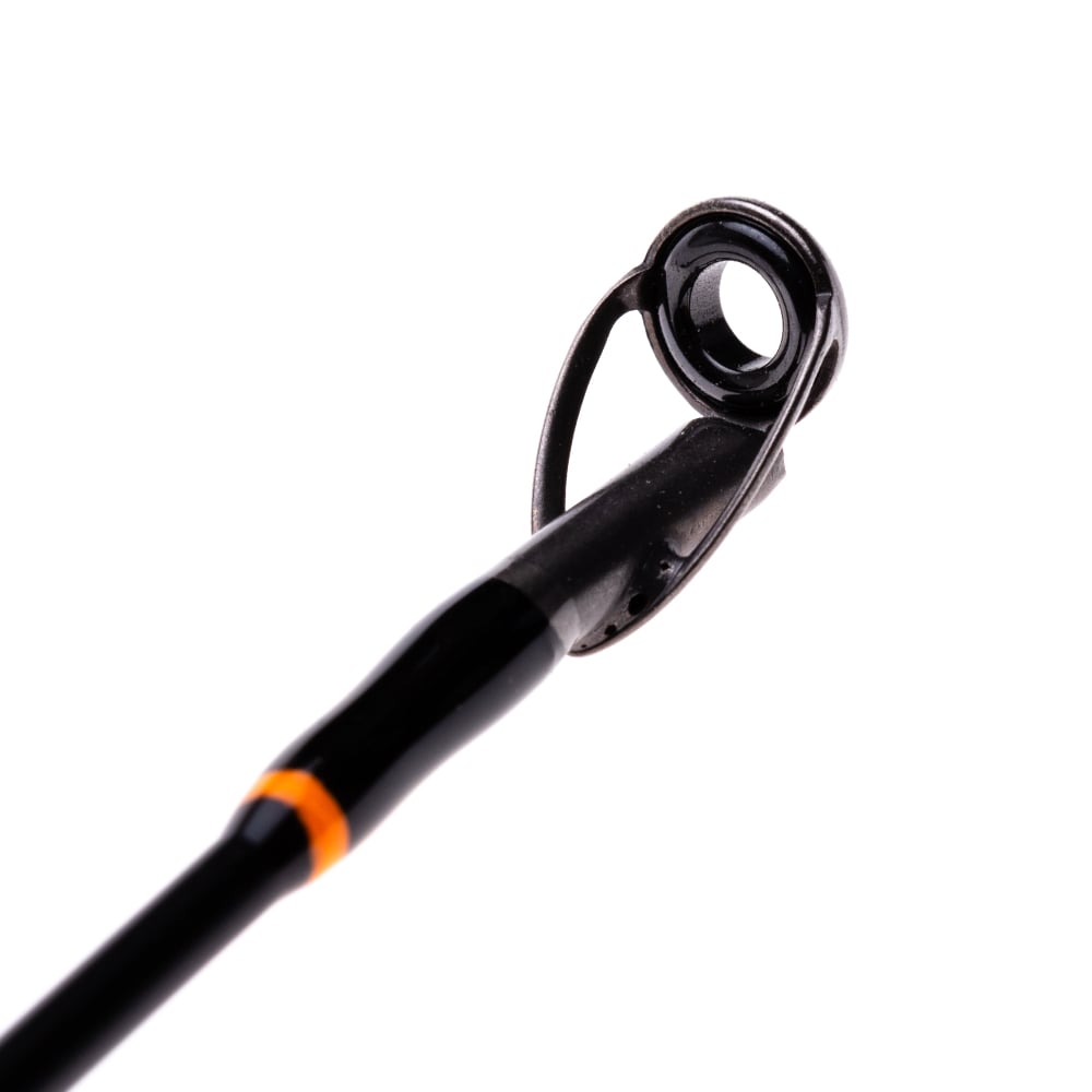 Close-up of the tip of a Halo XD III Pro Casting Rod 7'3" Heavy (HFXDIII73HC) by Halo, featuring a black finish with an orange band and metal guide eyelet, isolated on a white background.