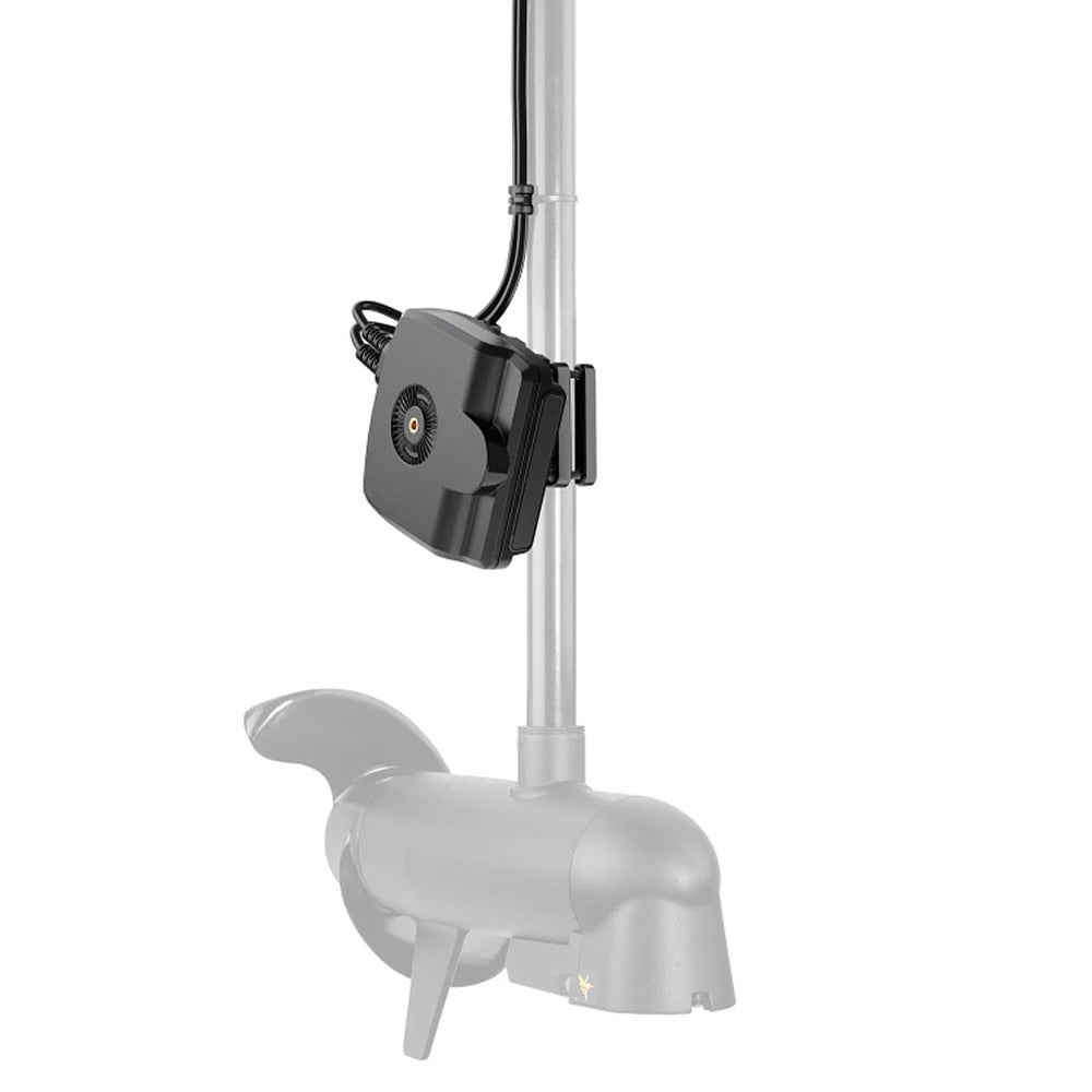 A Humminbird Mega Live 2 Forward Facing Sonar (710310-1) transducer is mounted on a silver pole above a gray trolling motor, with the camera facing forward. The background is white. Brand: Humminbird.