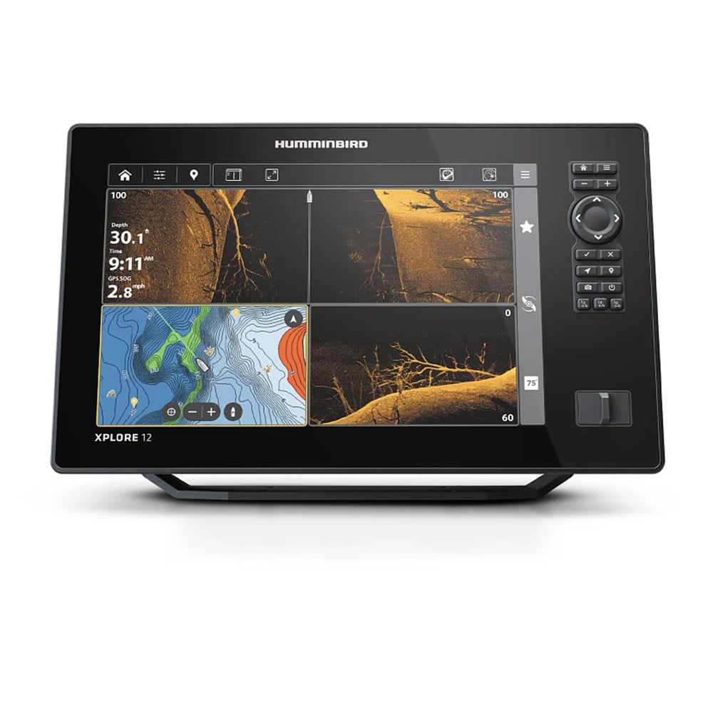 The Humminbird Xplore Fishfinders display four sonar and map views at once—including depth, temperature, underwater structures, and LakeMaster charts—with convenient control buttons on the right.