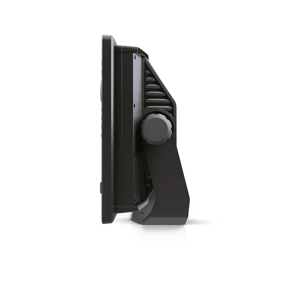 Side view of a black, rectangular Humminbird Xplore Fishfinder with a knob and angular support structure, designed for use with MEGA Live 2 sonar, by Humminbird, set against a plain white background.