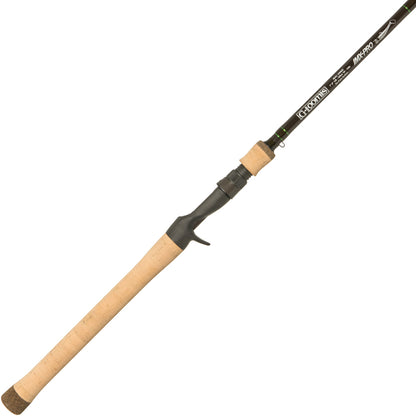 The G. Loomis IMX-PRO Swimbait 863C SWBR 7'2" Medium Heavy Casting Rod from americanlegacyfishing features a cork handle and a sleek black reel seat with the "Original MZ-Pro" label. Partially displayed against a plain white background, it perfectly highlights its grip and branding details, making it an excellent choice for swimbait enthusiasts.