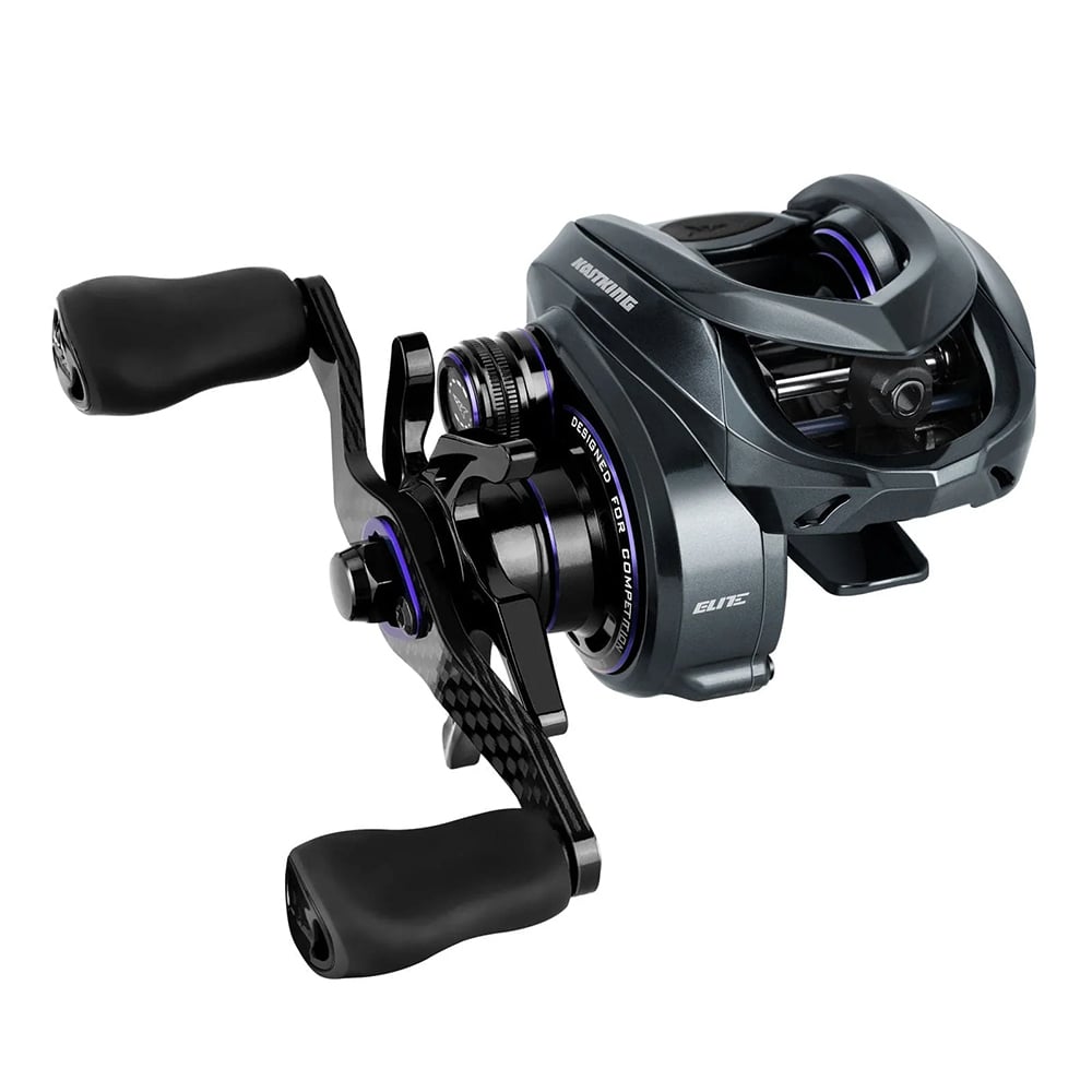The KastKing MG 12 Elite Casting Reel 7.5:1 RH (KRLCSTM12-75RDG) features a sleek, compact design in black and silver with dual handles and metal accents, offering modern style and premium performance.