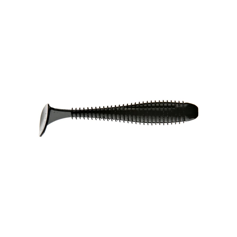 The Keitech Fat Swing Impact Swimbaits, by Keitech, are black ribbed soft plastic lures featuring a paddle tail. They're designed for swimming action to attract fish and have a textured body that mimics the movement of underwater prey.