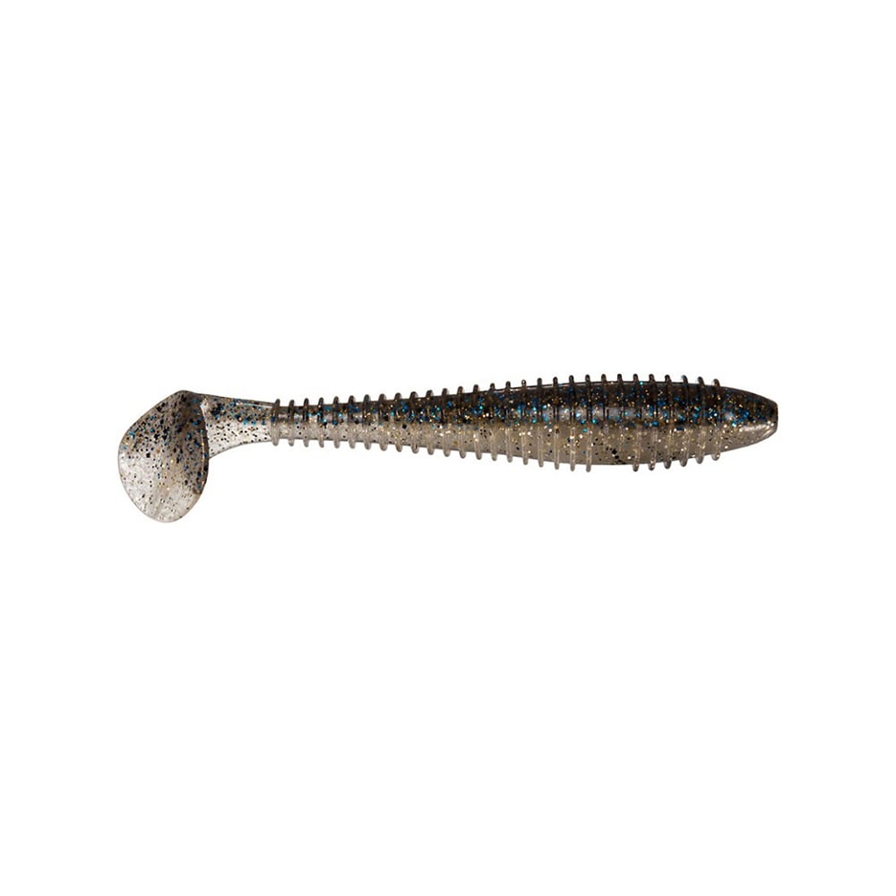 The Keitech Fat Swing Impact Swimbaits, crafted by Keitech, feature a ribbed body and paddle tail in gray with black and blue speckles. Designed to mimic small fish or bait, they deliver an enticing swimming action that attracts larger fish while fishing.