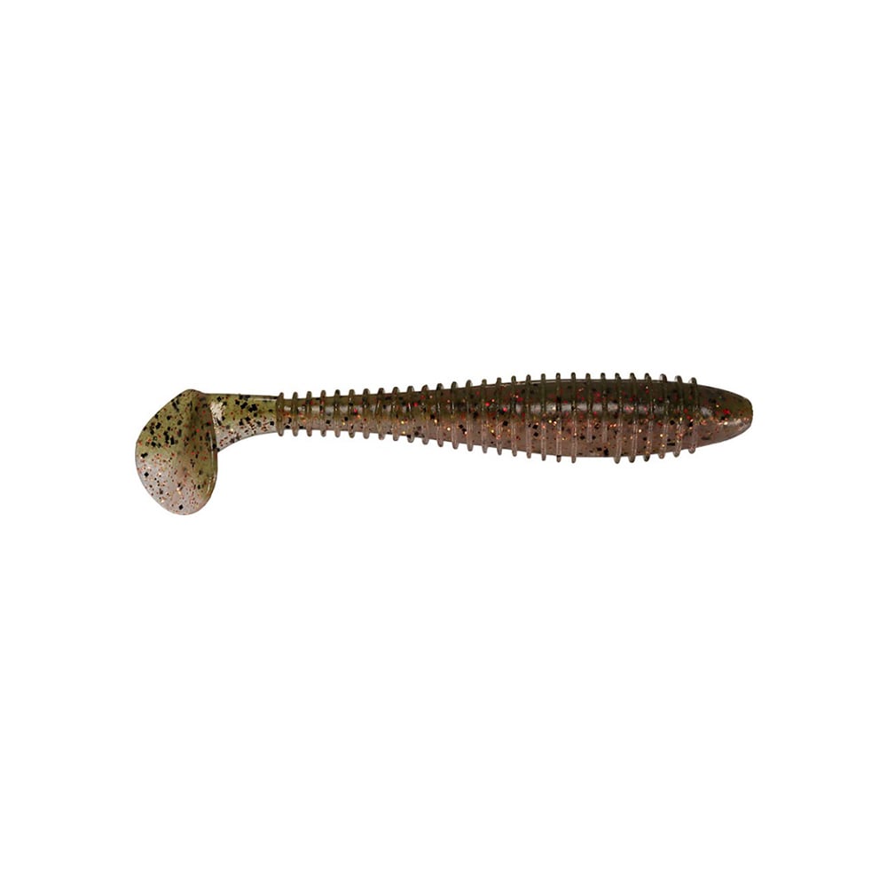The Keitech Fat Swing Impact Swimbaits by Keitech are soft plastic lures with a ribbed, elongated body and paddle tail. They feature shades of brown with red speckles and offer an enticing swimming action to mimic baitfish.