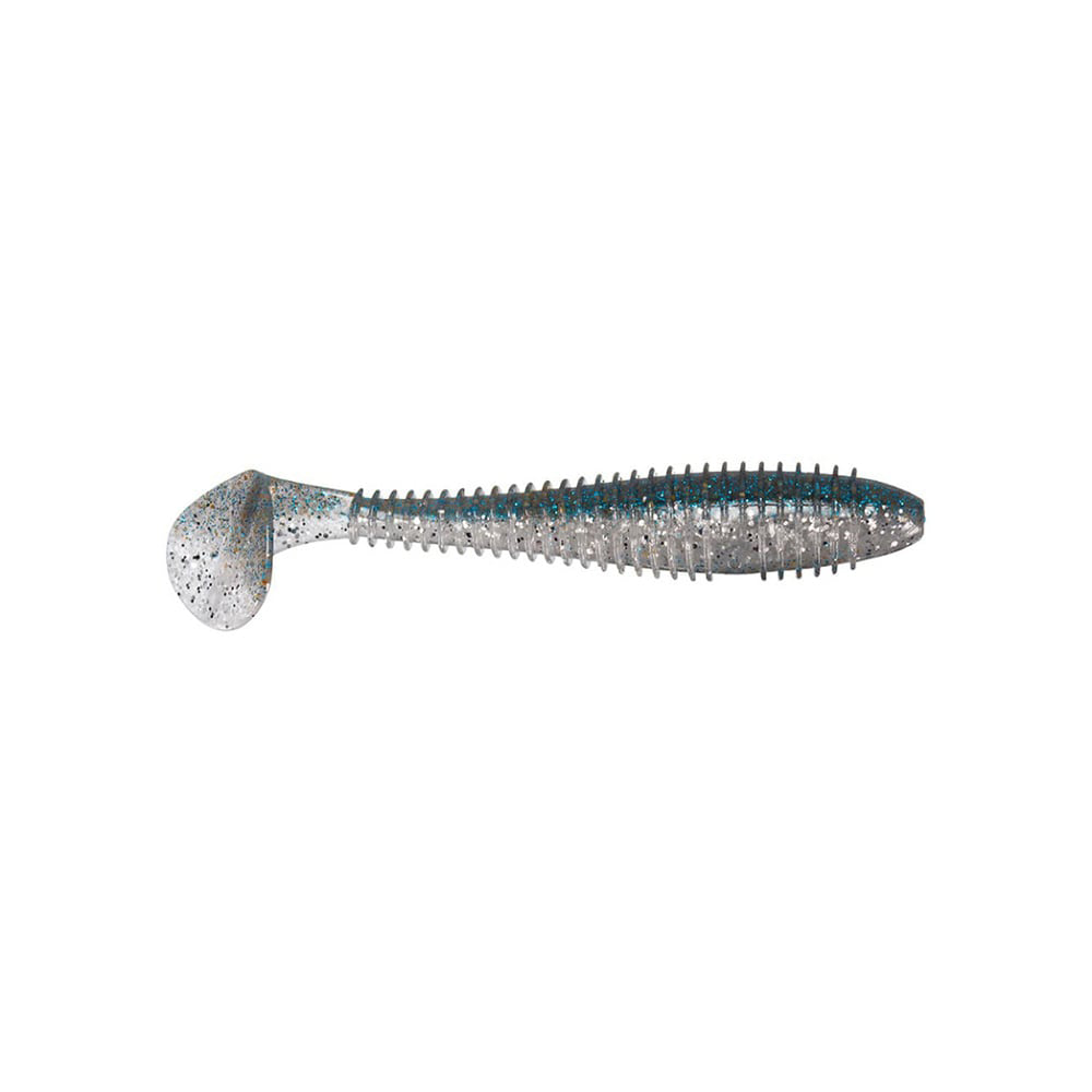 The Keitech Fat Swing Impact Swimbaits, in silver and blue, feature a textured, ribbed body and rounded paddle tail. Their lifelike swimming action is expertly crafted to mimic small fish.