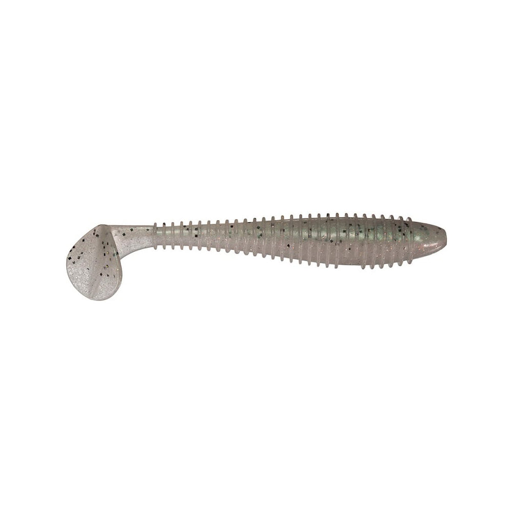 The Keitech Fat Swing Impact Swimbaits by Keitech are gray soft plastic lures with ribbed bodies and paddle tails. They have green glitter specks on their surfaces, enhancing their enticing swimming action and swimbait performance.