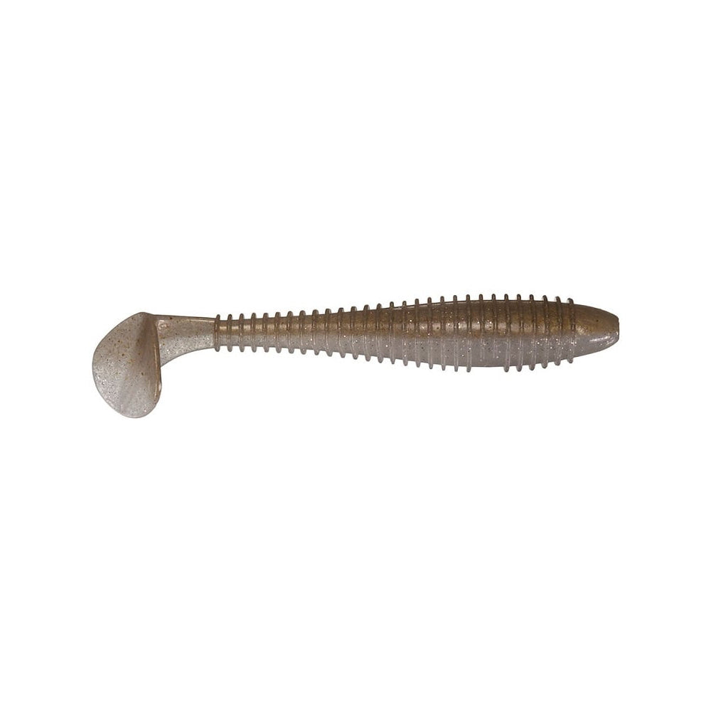 The Keitech Fat Swing Impact Swimbaits feature a soft, ribbed plastic design with a streamlined body and flat paddle tail, enhancing swimming action to mimic small fish for improved performance.