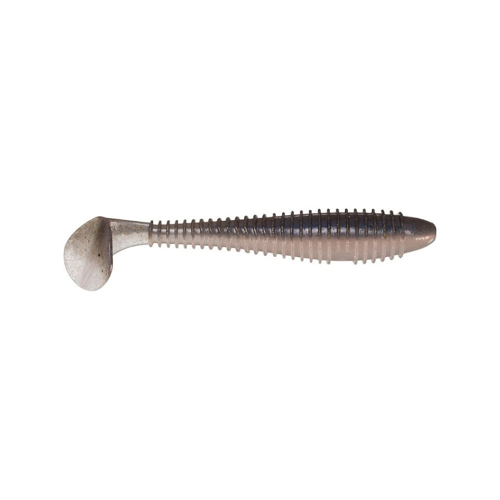 The Keitech Fat Swing Impact Swimbaits, by Keitech, are soft plastic lures with a ribbed body and paddle tail. Designed to mimic small fish, their grayish hue and textured surface deliver excellent swimbait performance through realistic swimming action that naturally attracts fish.