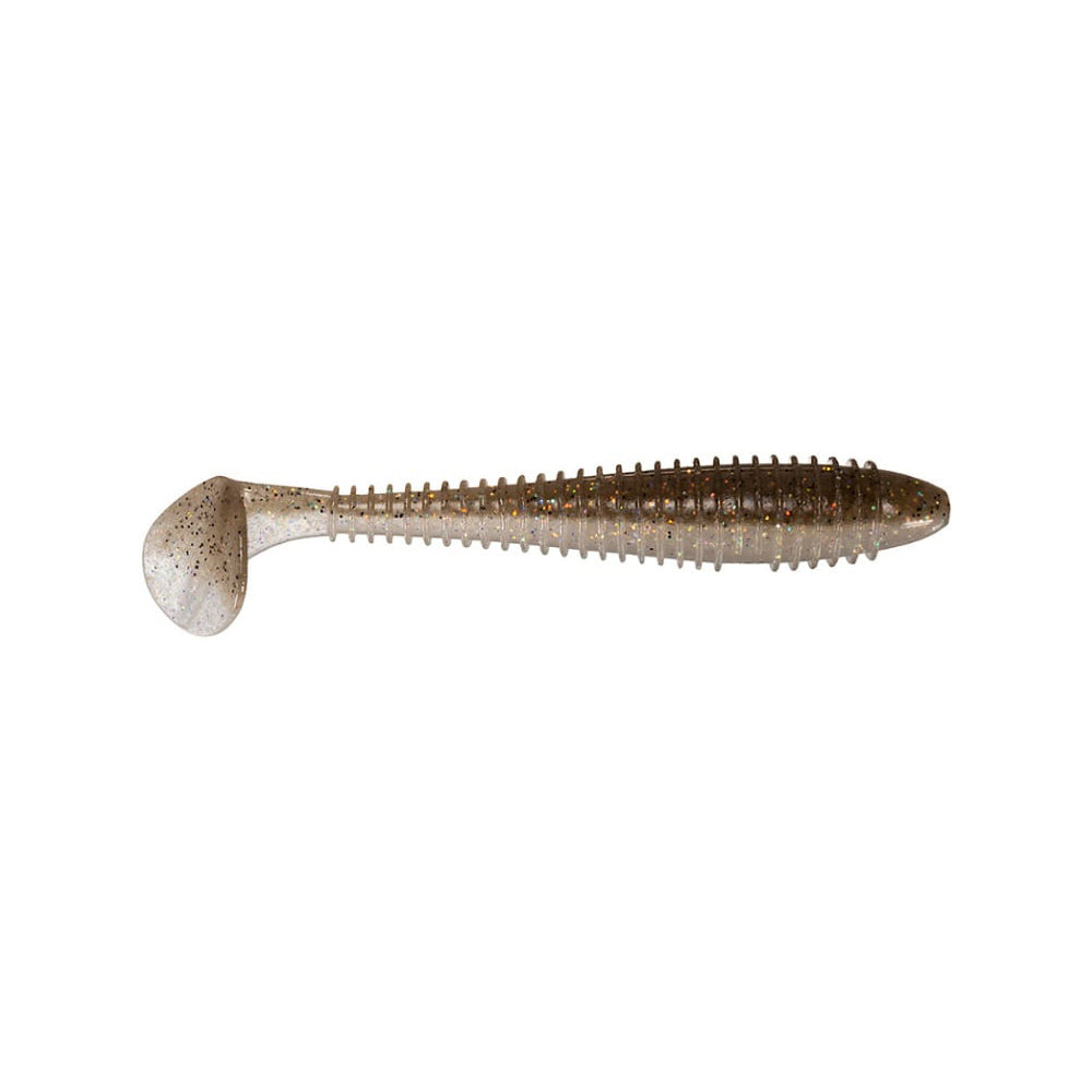 The Keitech Fat Swing Impact Swimbaits by Keitech are expertly crafted soft plastic lures featuring a ribbed body and paddle tail for top-notch swimbait performance. Their translucent, speckled design produces an enticing action perfect for fishing enthusiasts.