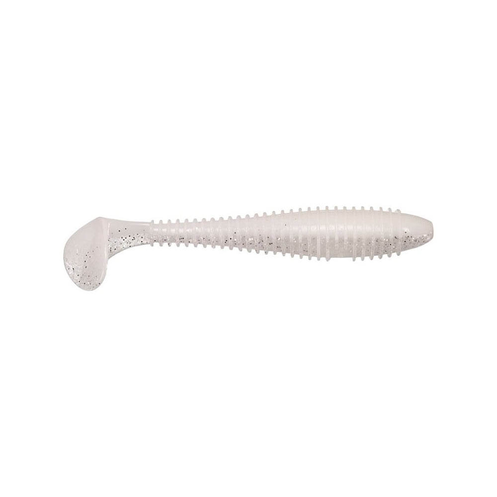 The Keitech Fat Swing Impact Swimbaits by Keitech are soft plastic lures with a ribbed body and paddle tail in translucent white with black specks, offering great swimbait performance and exceptional swimming action to attract fish.