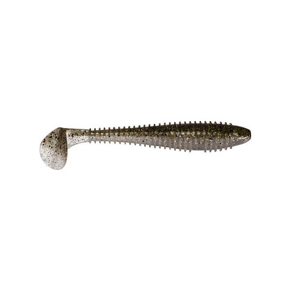 The Keitech Fat Swing Impact Swimbaits are soft plastics featuring a paddle tail and ribbed body, speckled with silver and black dots to mimic baitfish. Known for their swimbait performance, they ensure unparalleled swimming action, shown on a plain white background.