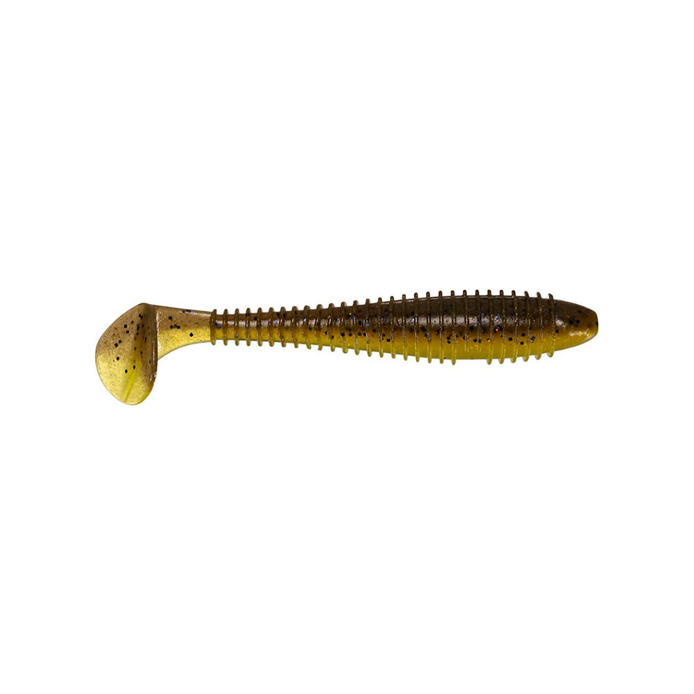 The Keitech Fat Swing Impact Swimbaits highlight a segmented body and paddle tail for realistic swimming. Green with black speckles, the lure expertly mimics small baitfish, isolated on a white background.
