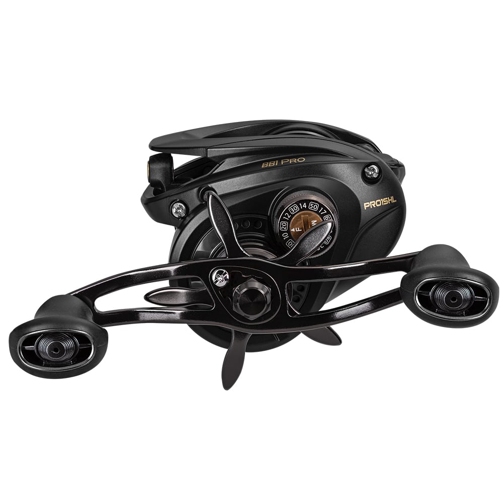 A sleek black Lew's BB1 Pro Casting Reel 6.2:1 Left Hand | PRO1HL with two handle grips and gold accents, featuring an adjustable centrifugal braking system for precision casting.