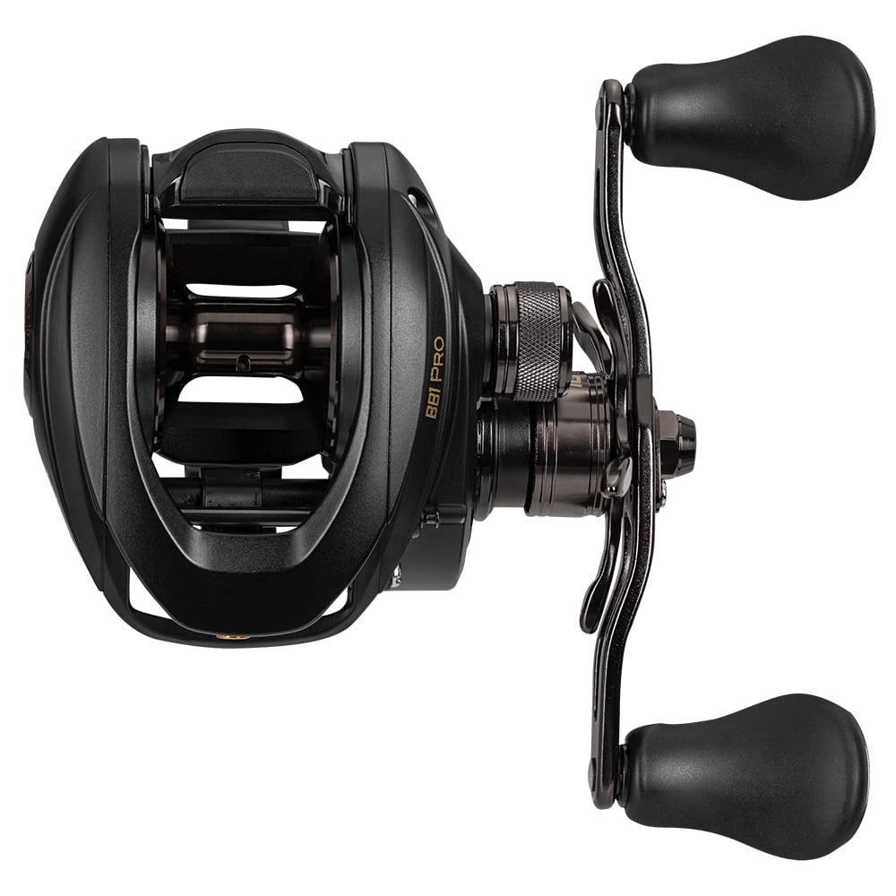 A Lew's BB1 Pro Casting Reel 6.2:1 Left Hand (PRO1HL) by Lew's, a black baitcasting reel with dual handles and adjustable centrifugal braking, is shown from above on a white background.