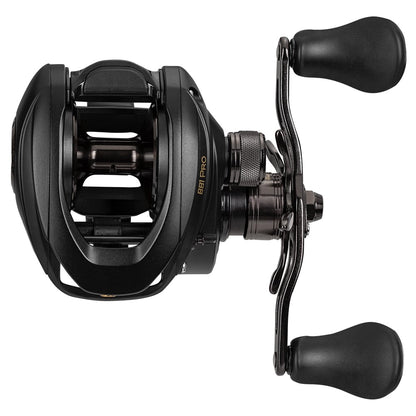 A Lew's BB1 Pro Casting Reel 6.2:1 Left Hand (PRO1HL) by Lew's, a black baitcasting reel with dual handles and adjustable centrifugal braking, is shown from above on a white background.