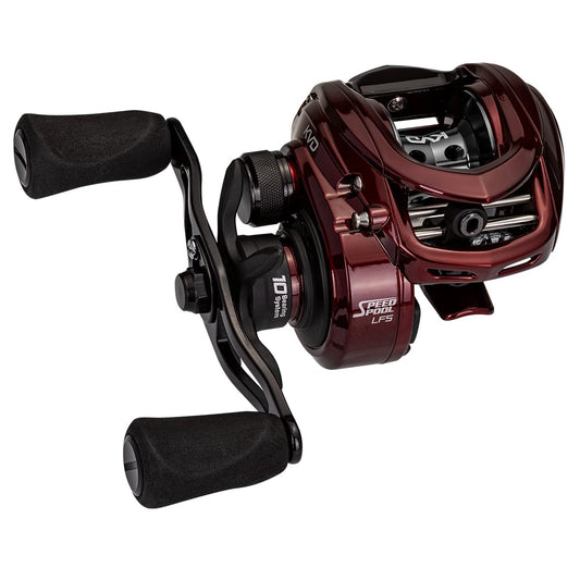 The Lew's KVD LFS Series Casting Reel 7.5:1 Right Hand (KVD1SH) features a maroon and black design, dual handles, a compact aluminum frame, control dials, Speed Gears®, and "Speed Spool LFS" on the side.