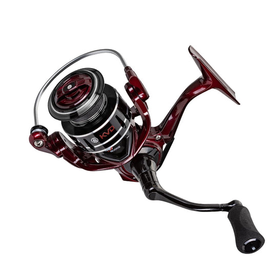The Lew's KVD Spinning Series Reel (KVD300) in black and red features a sleek design, comfortable handle, visible branding, and a durable aluminum frame, shown isolated on a white background.