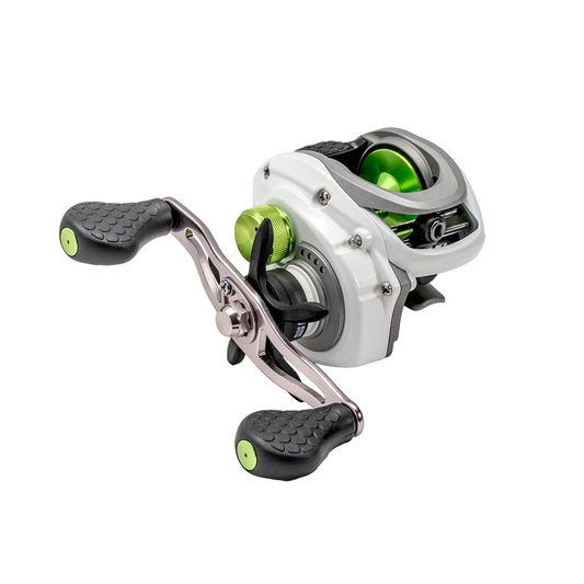 The Lew's Mach 1 Gen 3 Casting Reel 7.5:1 RH (MH1SHG3) is displayed on a white background, featuring a white and silver design with green accents and black textured handles.