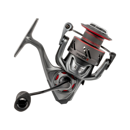 The Lew's Speed Spin CRX Spinning Reel SSC400HS offers a sleek, angular silver and black design with red accents. Equipped with a "Pinn" marked crank handle and black grip, it combines style and functionality for an outstanding fishing experience.