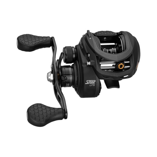 The Lew's Super Duty Gen 2 Casting Reel 7.5:1 Right Hand (SD1SHF) features dual textured handles, visible adjustment knobs, an 11 Bearing System, and Carbon Fiber Drag System, shown in black against a white background.